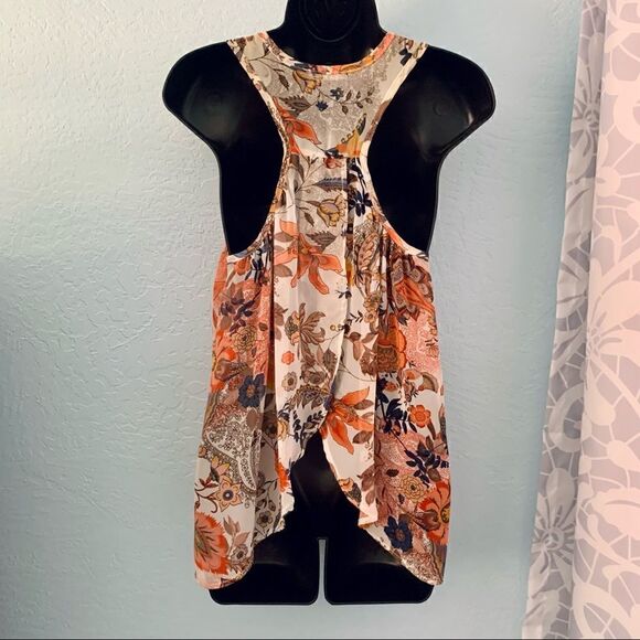 a.gain Tangerine Orange & Cream Floral Open Back Tank Top Size Medium - Picture 5 of 12